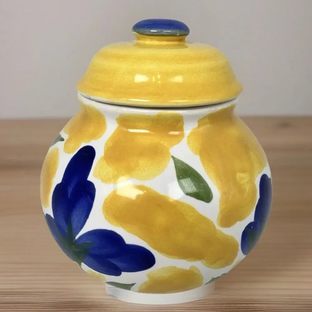 Dansk Portugal Hand Painted St Tropez Sugar Bowl & Lid Yellow Blue Flower EUC